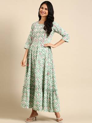 women's ankle length round neck sea green ethnic motifs anarkali kurta 4