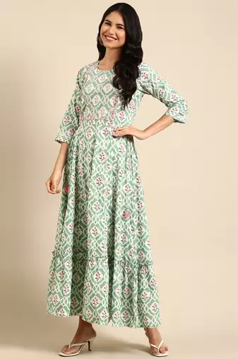 women's ankle length round neck sea green ethnic motifs anarkali kurta
