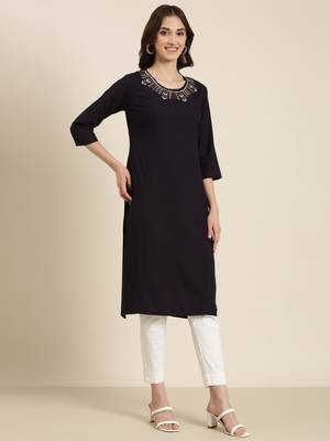 women's calf length round neck navy blue solid straight kurta 4