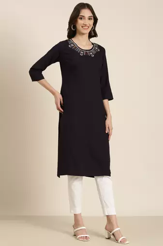 women's calf length round neck navy blue solid straight kurta