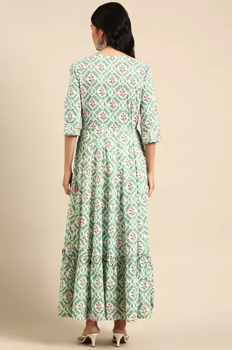 women's ankle length round neck sea green ethnic motifs anarkali kurta
