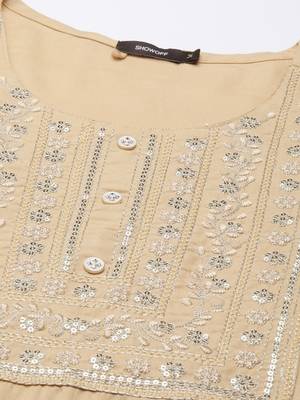 women's calf length round neck beige solid straight kurta 3