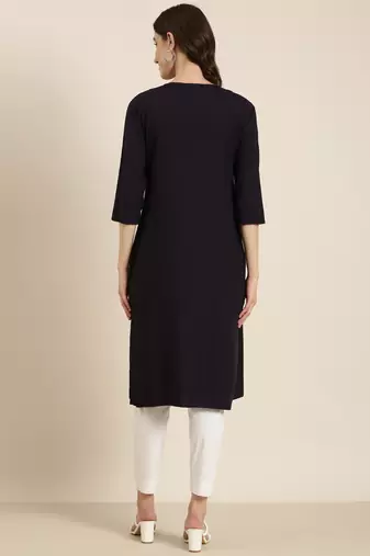 women's calf length round neck navy blue solid straight kurta