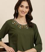 women's calf length round neck olive solid straight kurta