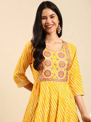 women's ankle length round neck yellow leheriya anarkali kurta 1