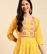 women's ankle length round neck yellow leheriya anarkali kurta