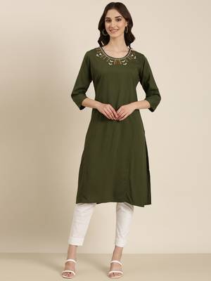women's calf length round neck olive solid straight kurta 2