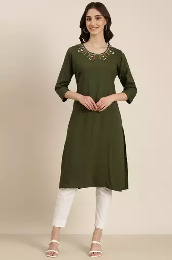 women's calf length round neck olive solid straight kurta