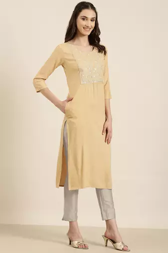 women's calf length round neck beige solid straight kurta