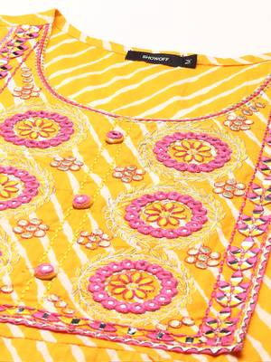 women's ankle length round neck yellow leheriya anarkali kurta 2