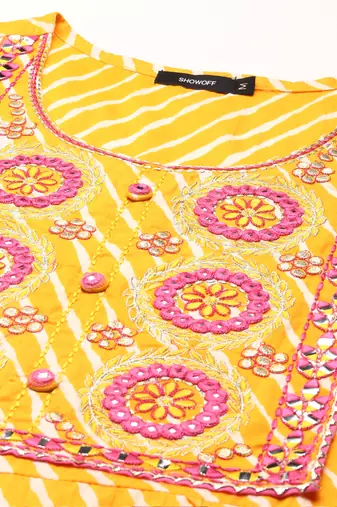 women's ankle length round neck yellow leheriya anarkali kurta