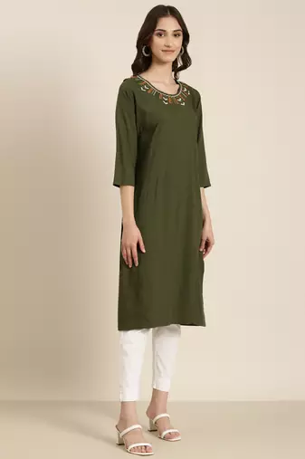women's calf length round neck olive solid straight kurta