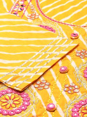 women's ankle length round neck yellow leheriya anarkali kurta 3