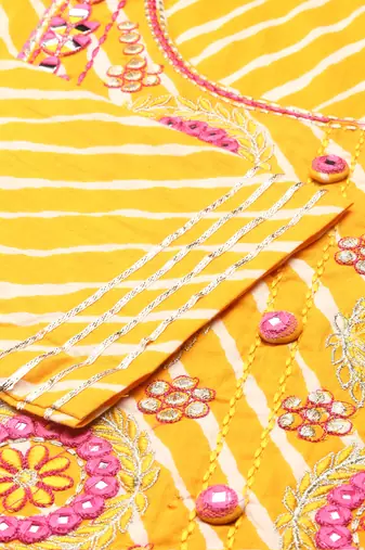 women's ankle length round neck yellow leheriya anarkali kurta