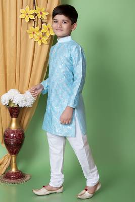 embroidery & sequins work dupion silk kurta and cotton pajama set for boys 3