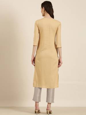 women's calf length round neck beige solid straight kurta 5