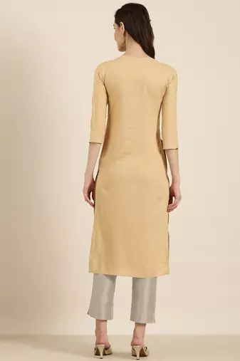 women's calf length round neck beige solid straight kurta