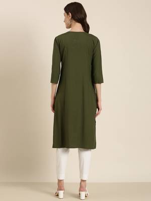 women's calf length round neck olive solid straight kurta 5