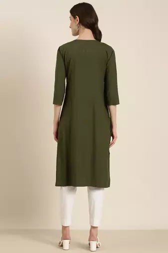 women's calf length round neck olive solid straight kurta