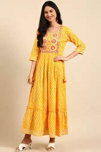 women's ankle length round neck yellow leheriya anarkali kurta