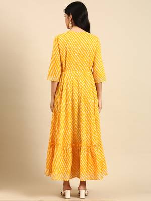 women's ankle length round neck yellow leheriya anarkali kurta 5