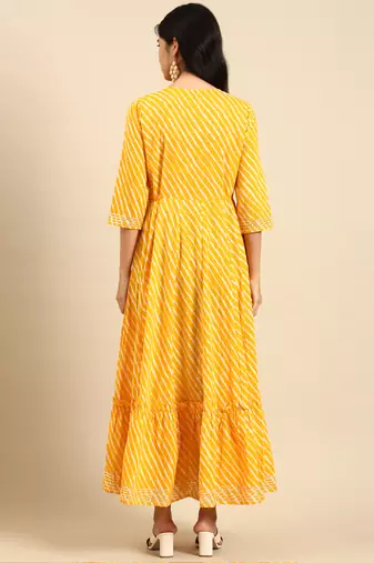 women's ankle length round neck yellow leheriya anarkali kurta