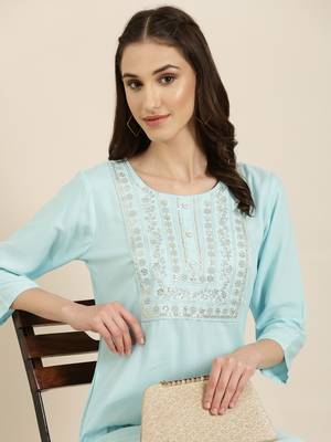 women's calf length round neck blue solid straight kurta 1