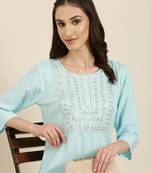 women's calf length round neck blue solid straight kurta