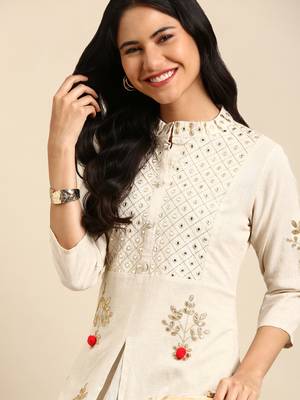 women's calf length round neck off white embellished anarkali kurta 1