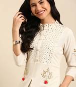 women's calf length round neck off white embellished anarkali kurta