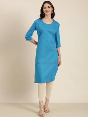 women's calf length round neck blue solid straight kurta 2