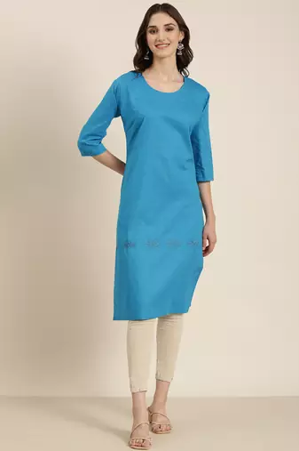women's calf length round neck blue solid straight kurta