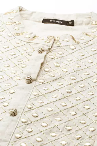 women's calf length round neck off white embellished anarkali kurta