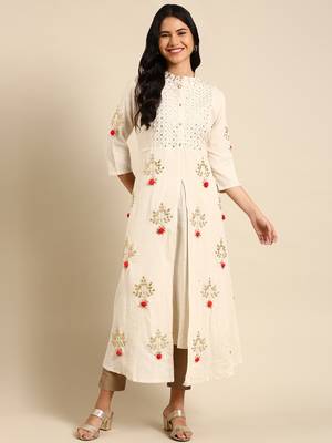 women's calf length round neck off white embellished anarkali kurta 3