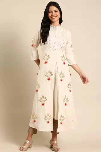 women's calf length round neck off white embellished anarkali kurta