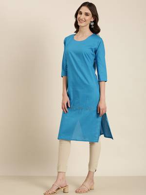 women's calf length round neck blue solid straight kurta 4
