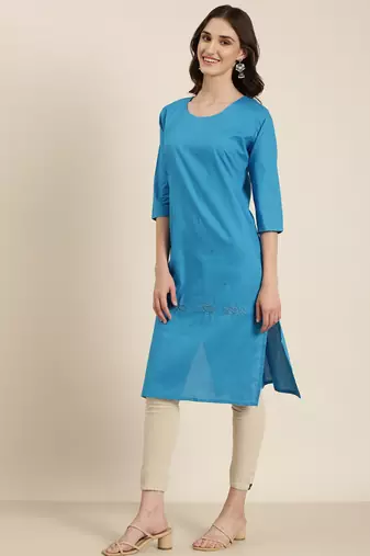 women's calf length round neck blue solid straight kurta