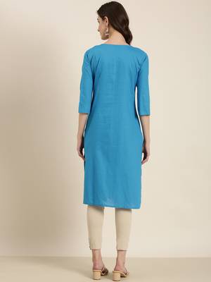 women's calf length round neck blue solid straight kurta 5