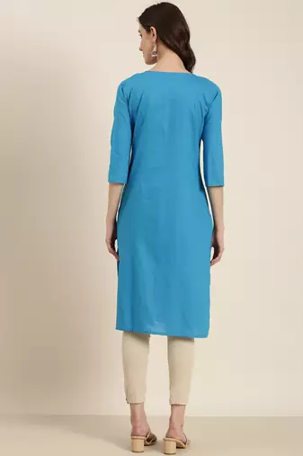 women's calf length round neck blue solid straight kurta