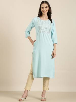 women's calf length round neck blue solid straight kurta 2