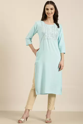 women's calf length round neck blue solid straight kurta