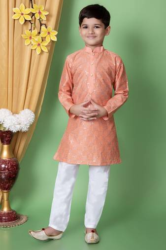 Nfc creation embroidery & sequins work dupion silk kurta and cotton pajama set for boys