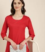 women's knee length round neck red solid straight kurta