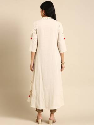 women's calf length round neck off white embellished anarkali kurta 4