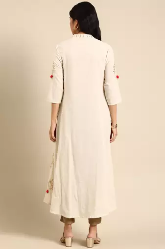 women's calf length round neck off white embellished anarkali kurta
