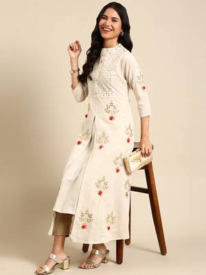 women's calf length round neck off white embellished anarkali kurta 5