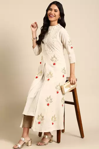 women's calf length round neck off white embellished anarkali kurta