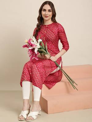 women's calf length round neck pink bandhani straight kurta 1