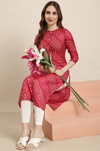 women's calf length round neck pink bandhani straight kurta