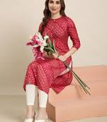 women's calf length round neck pink bandhani straight kurta